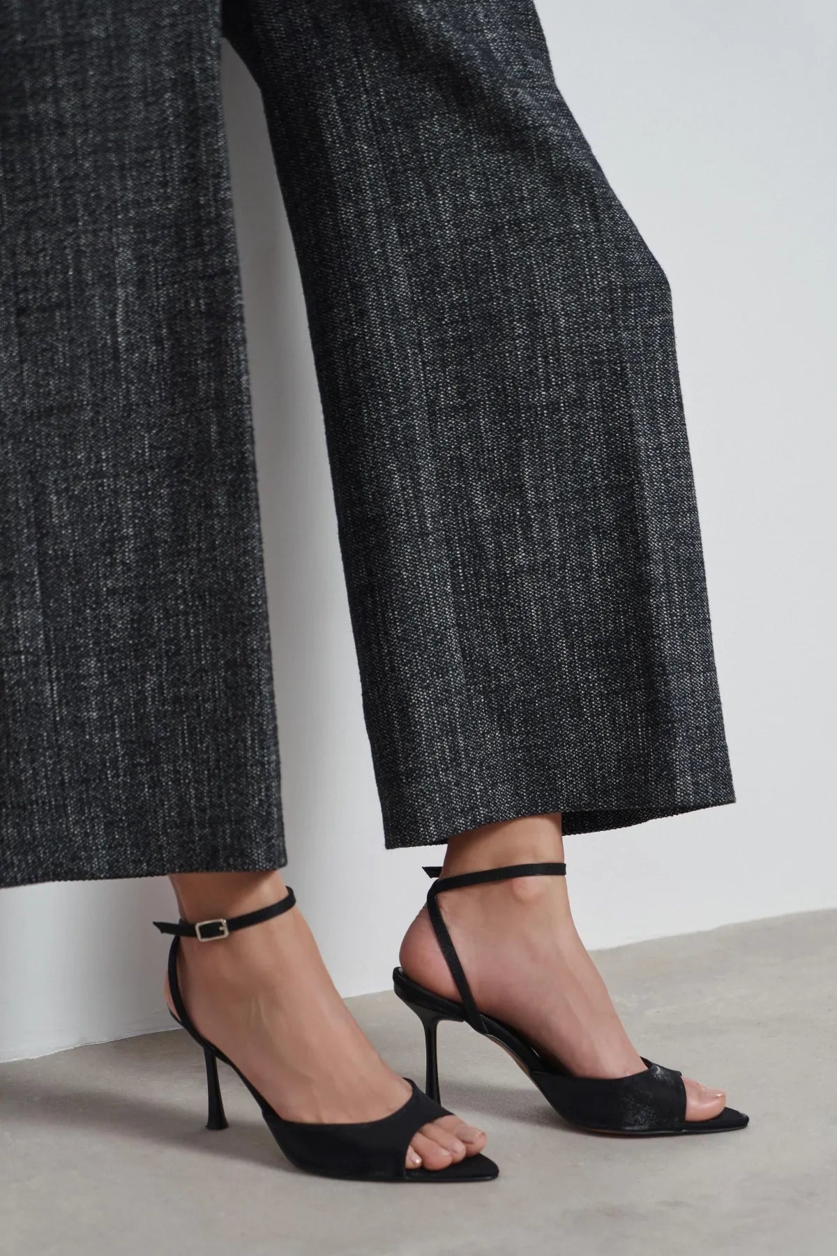 TANIA Black Satin Ankle-Strap Stiletto Heels