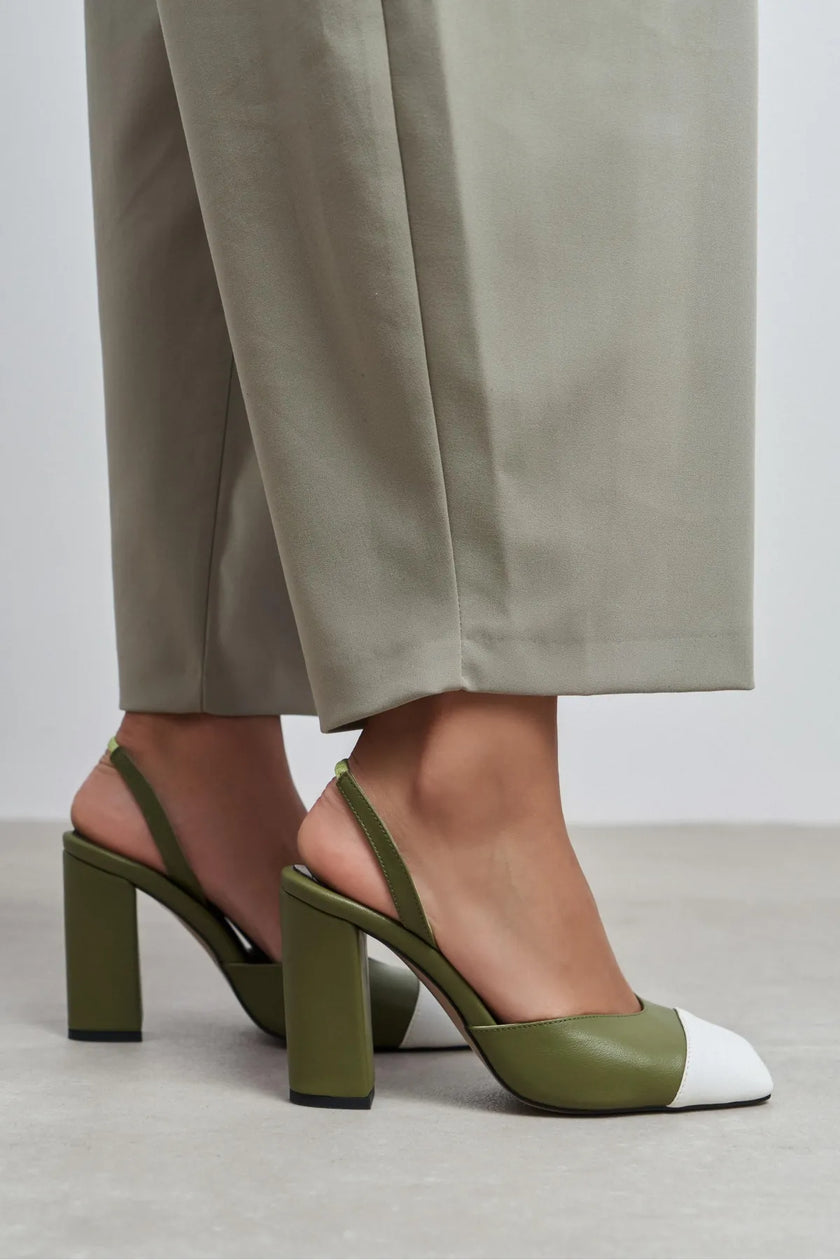 SOLEA KHAKI &  WHITE TOE DETAIL BLOCK HEEL WOMEN’S SHOES