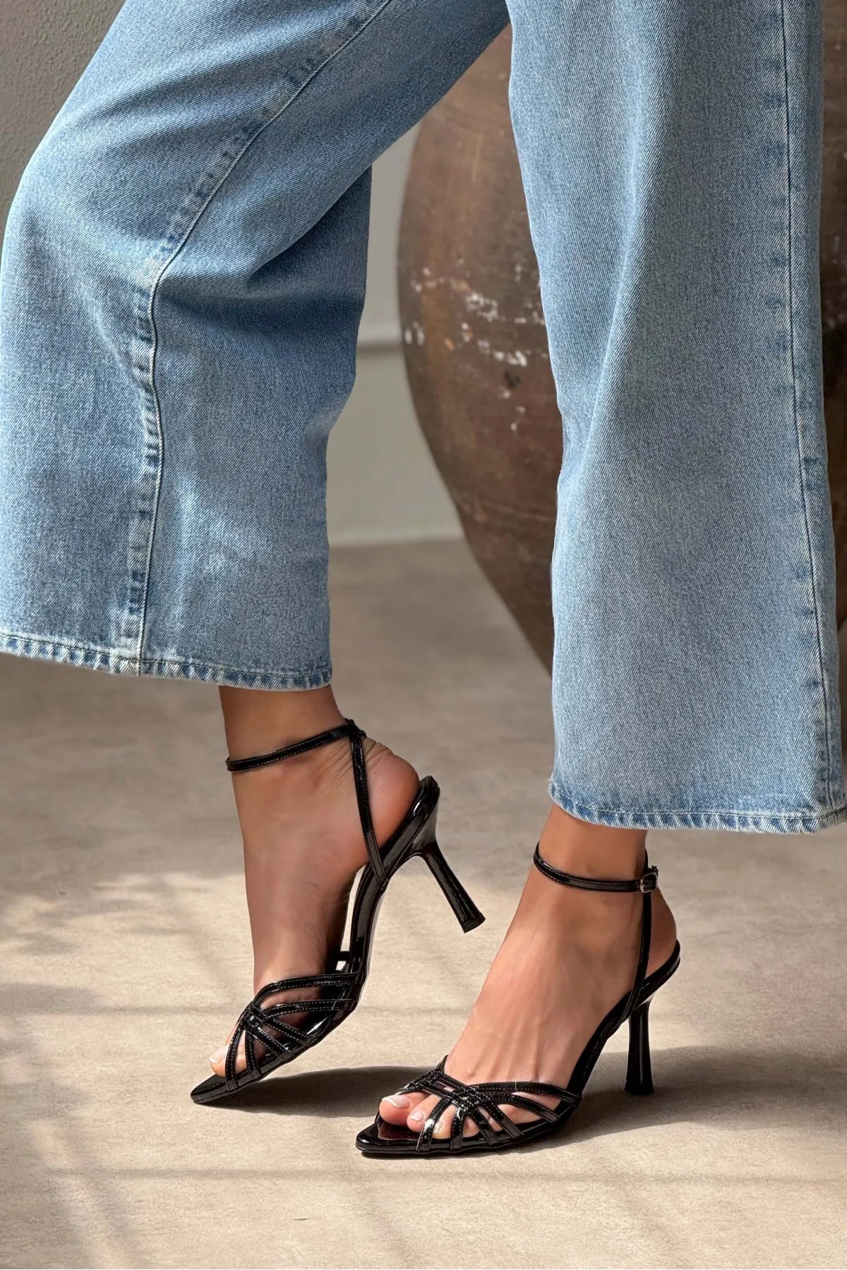 MERY Black Patent Leather Ankle-Strap Women’s Heel Sandals