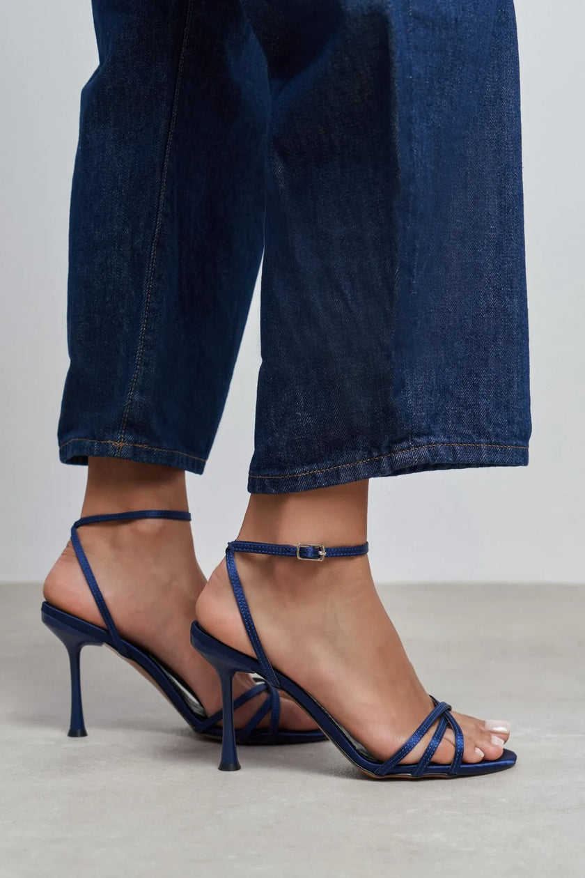 AVA NAVY BLUE SATIN CROSS-STRAP ANKLE TIE WOMEN’S HIGH HEELS