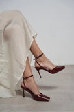 KAHLA Burgundy Patent Leather Ankle Strap Open Toe Women’s Heel Shoes