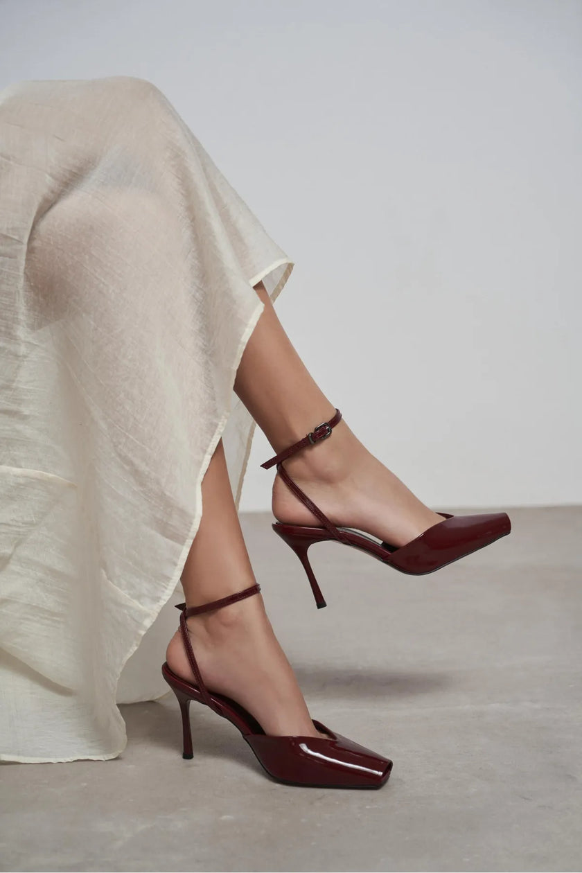 KAHLA Burgundy Patent Leather Ankle Strap Open Toe Women’s Heel Shoes