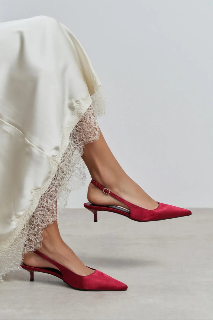 ROVIA Burgundy Satin Pointed-Toe Thin Heel Women's Shoes