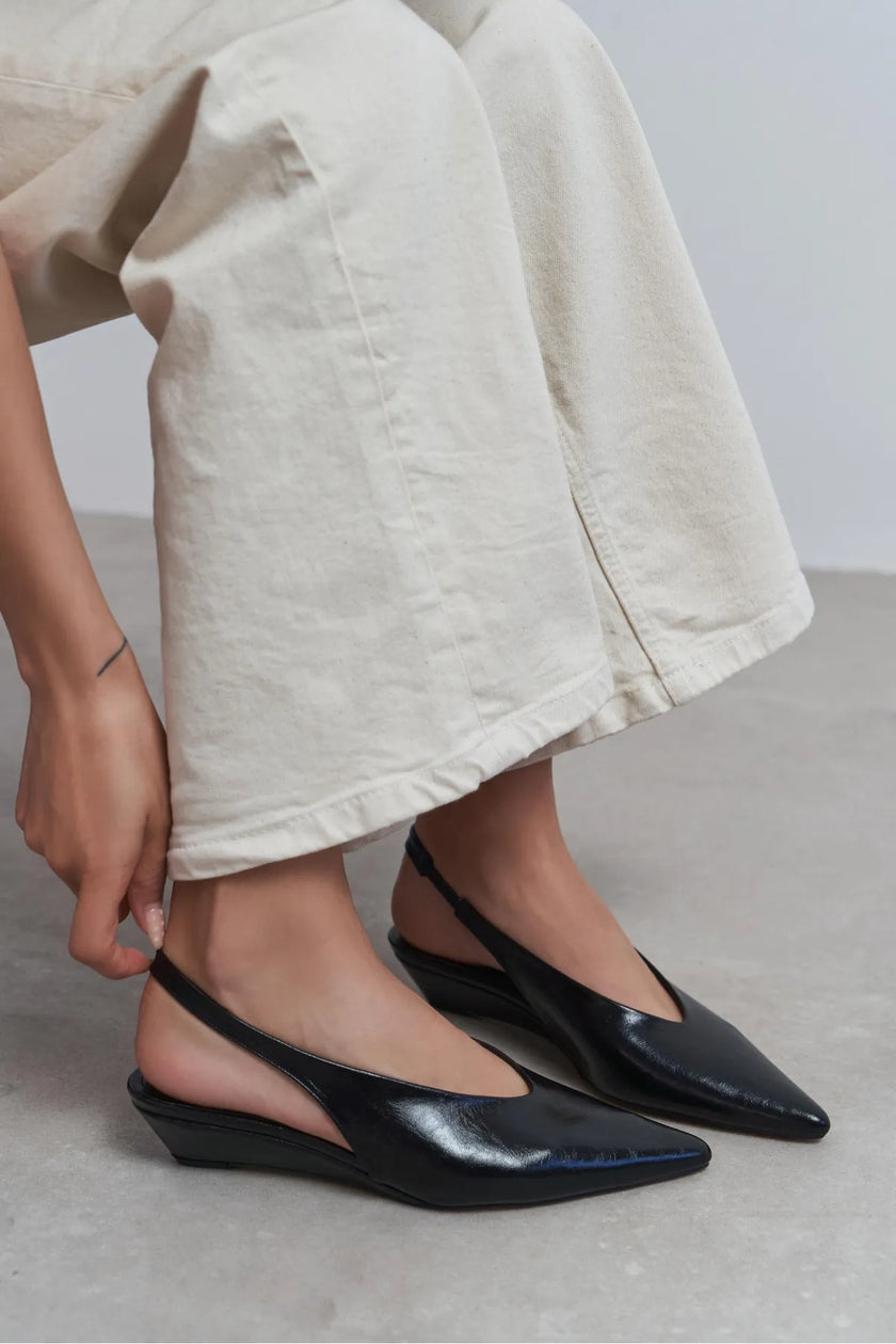 NINO Black Rustic Scuba Fabric Back Strap Pointed Toe Women’s Wedge Heels