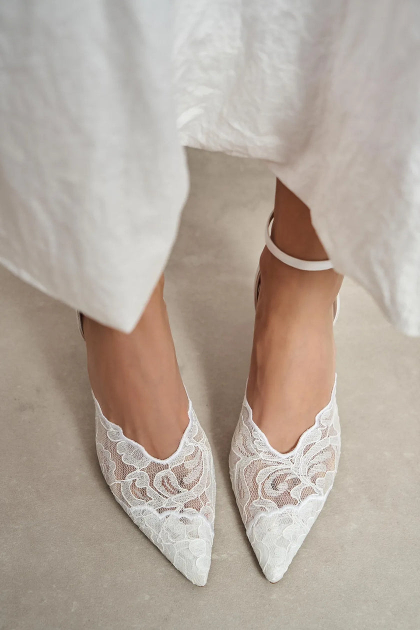AVENY White Lace Embroidered Back Strap Women’s Heel Shoes