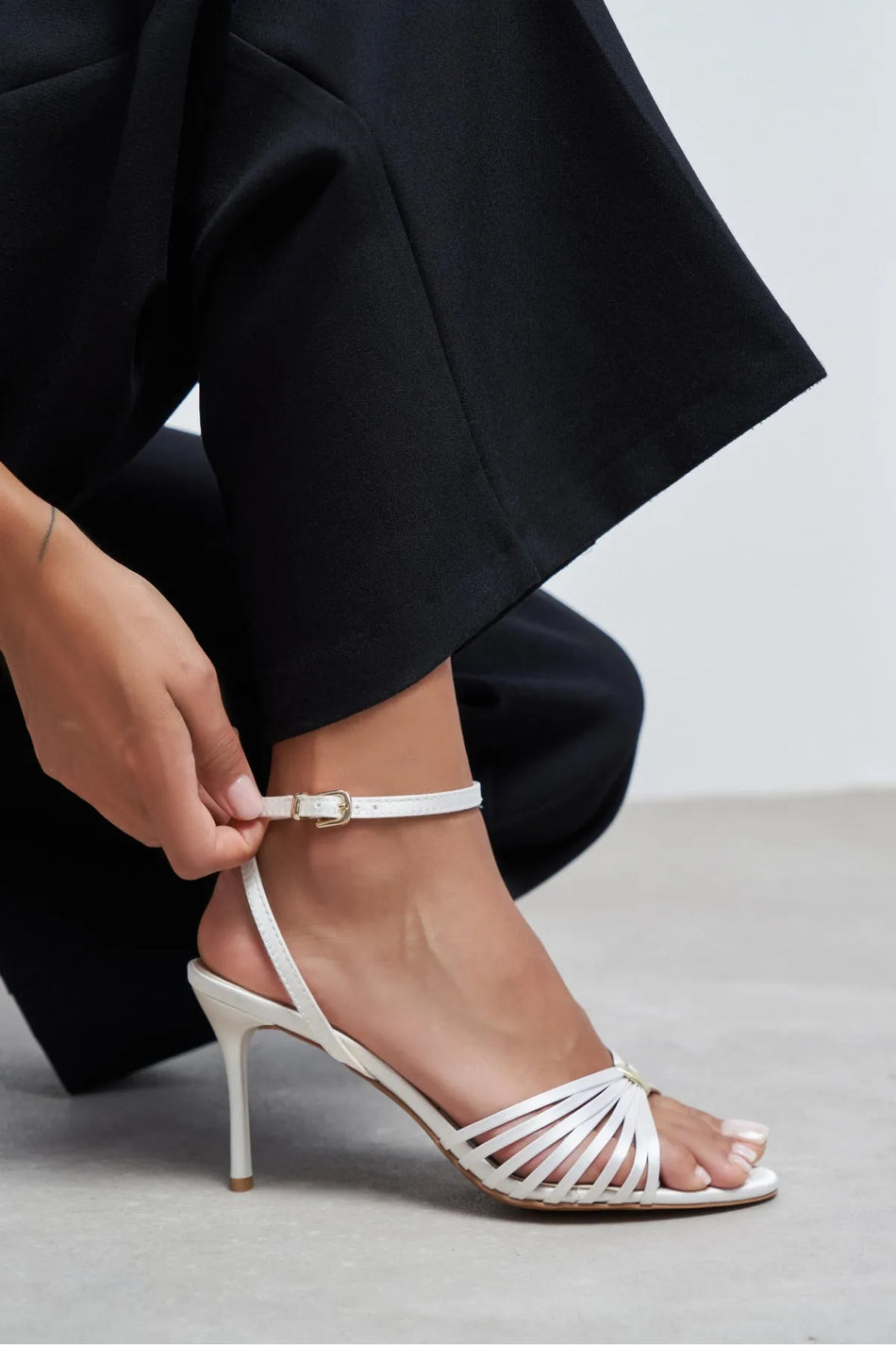 ZARIA PEARL SATIN CAGED OPEN-TOE WOMEN’S HIGH HEEL SANDALS