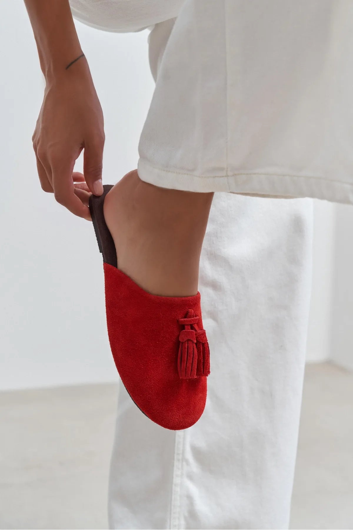 NELLA RED GENUINE SUEDE LEATHER TASSEL DETAIL WOMEN’S FLAT SLIPPERS