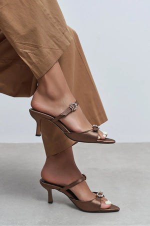 CALISTA Brown Satin Buckle-Detail Pointed-Toe Women's Mule Heels