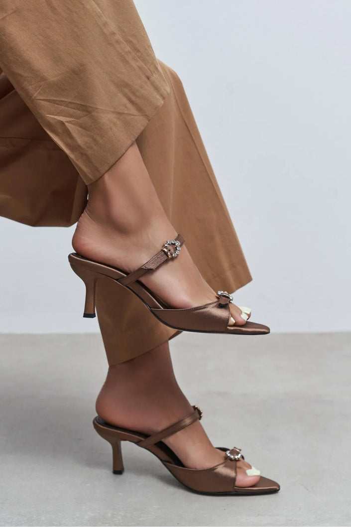 CALISTA Brown Satin Buckle-Detail Pointed-Toe Women's Mule Heels