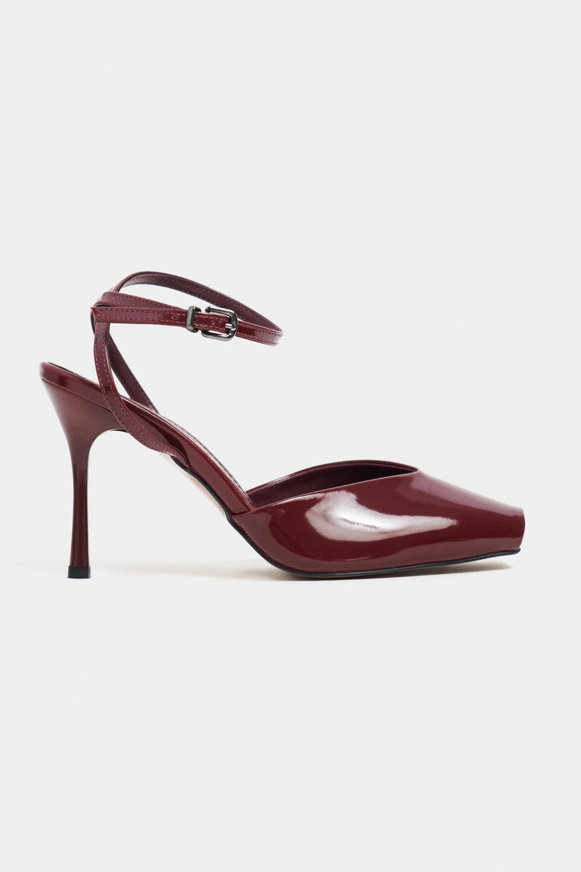 KAHLA Burgundy Patent Leather Ankle Strap Open Toe Women’s Heel Shoes