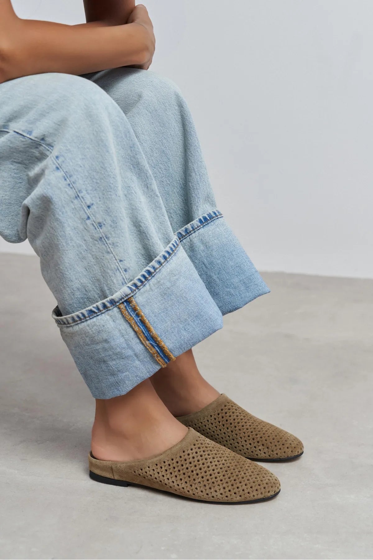PALYA ROME BEIGE SUEDE STUDDED GENUINE LEATHER WOMEN’S FLAT SLIPPERS