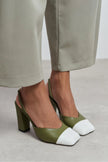 SOLEA KHAKI &  WHITE TOE DETAIL BLOCK HEEL WOMEN’S SHOES