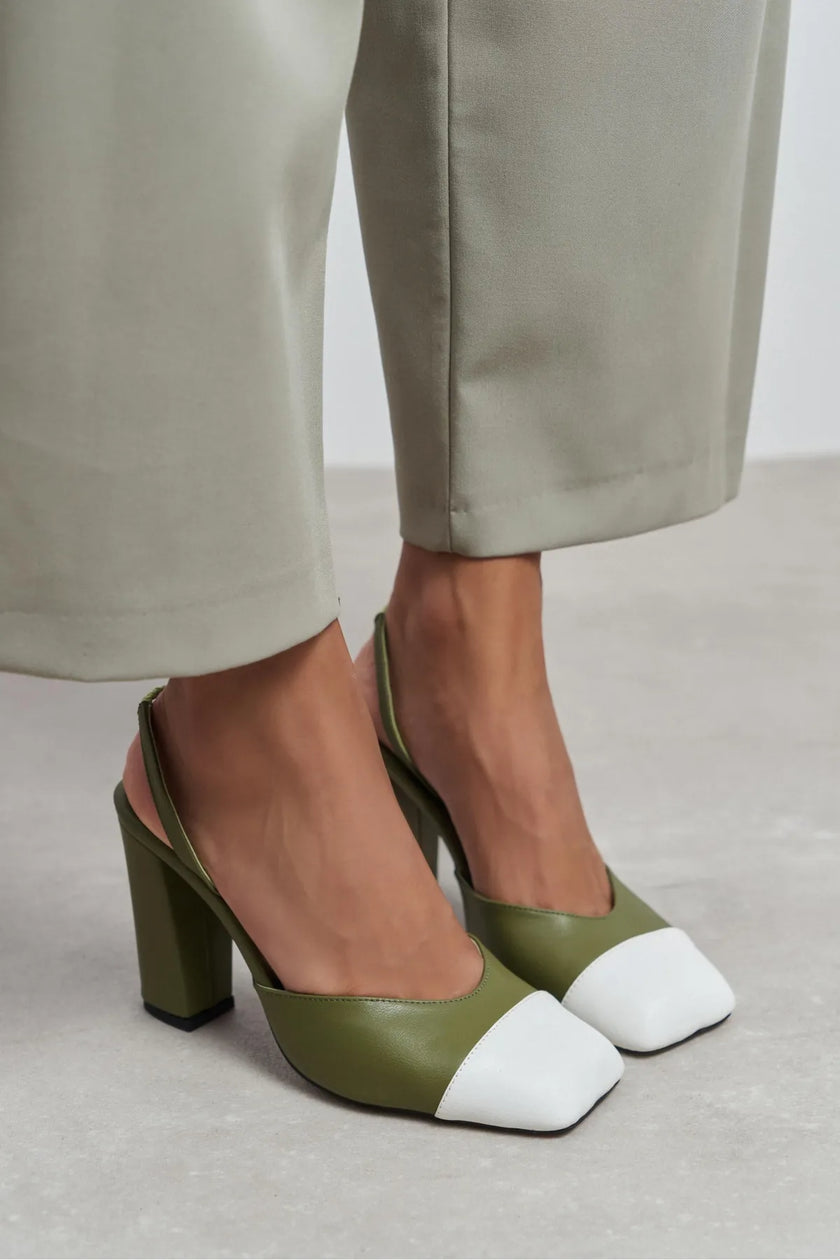 SOLEA KHAKI &  WHITE TOE DETAIL BLOCK HEEL WOMEN’S SHOES