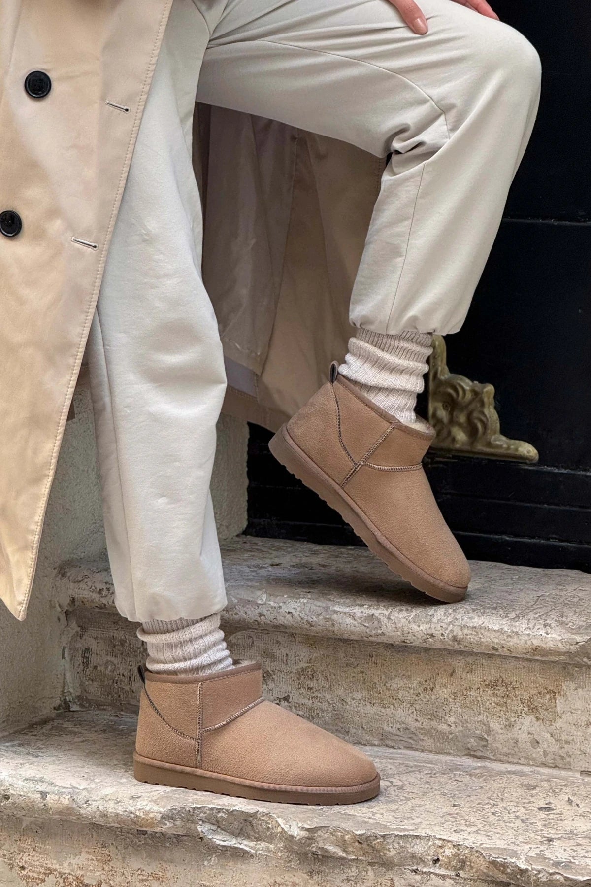 MINI DARK BEIGE SUEDE ANKLE BOOTS WITH FUR INTERIOR, FLAT SOLE, WOMEN'S SHOES