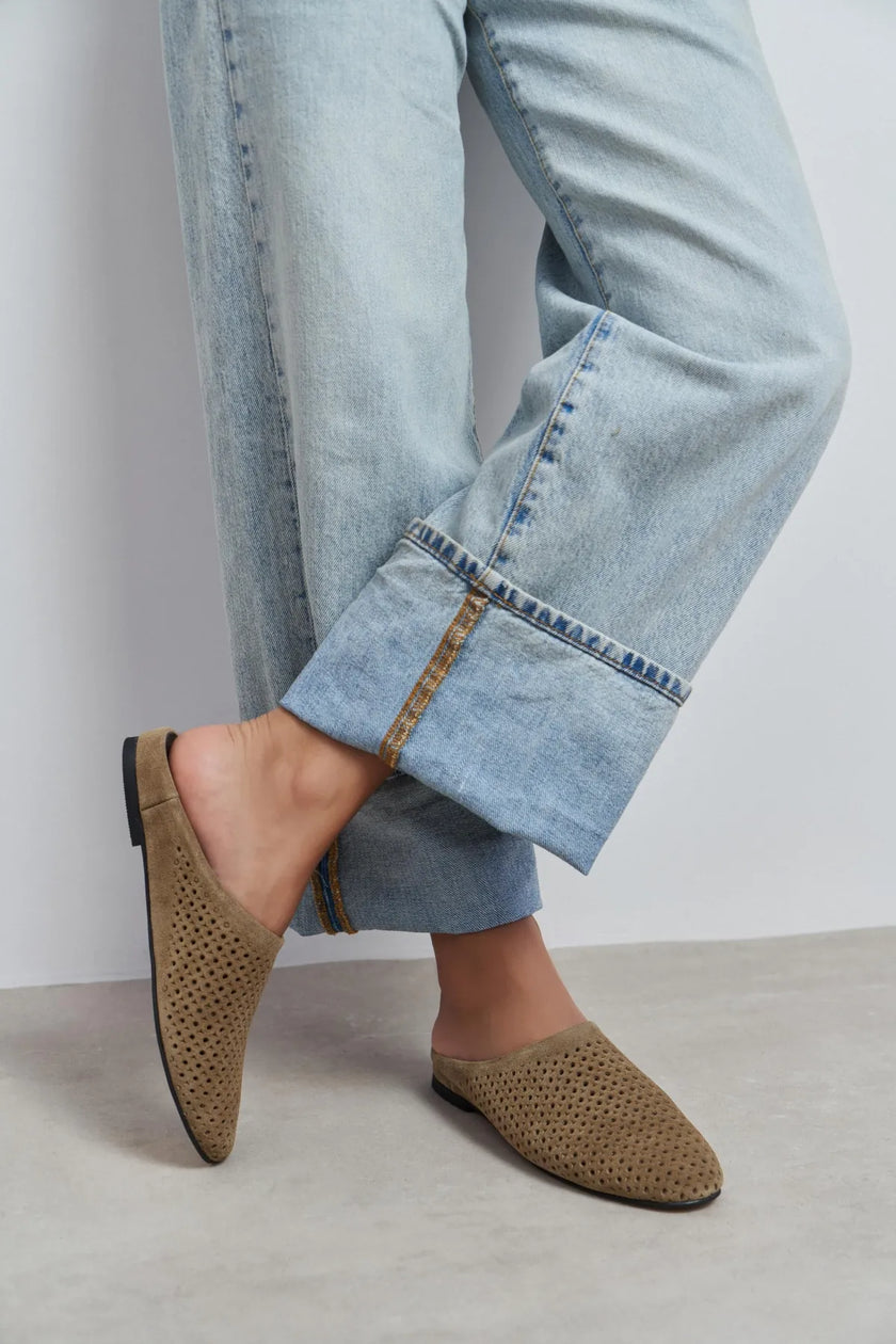 PALYA ROME BEIGE SUEDE STUDDED GENUINE LEATHER WOMEN’S FLAT SLIPPERS