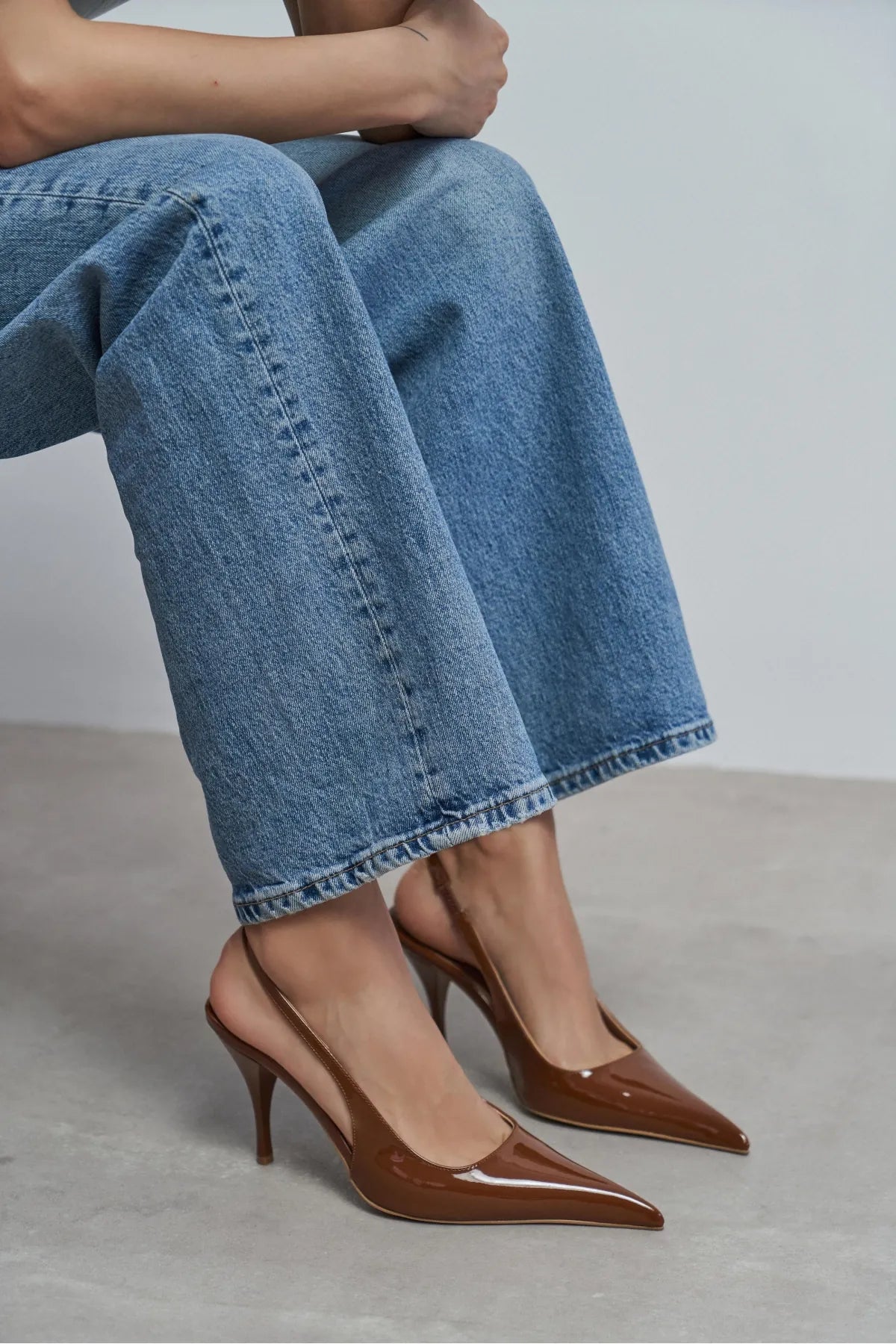 MEHRU Tan Patent Buckle Detail Pointed Toe Women’s Heels