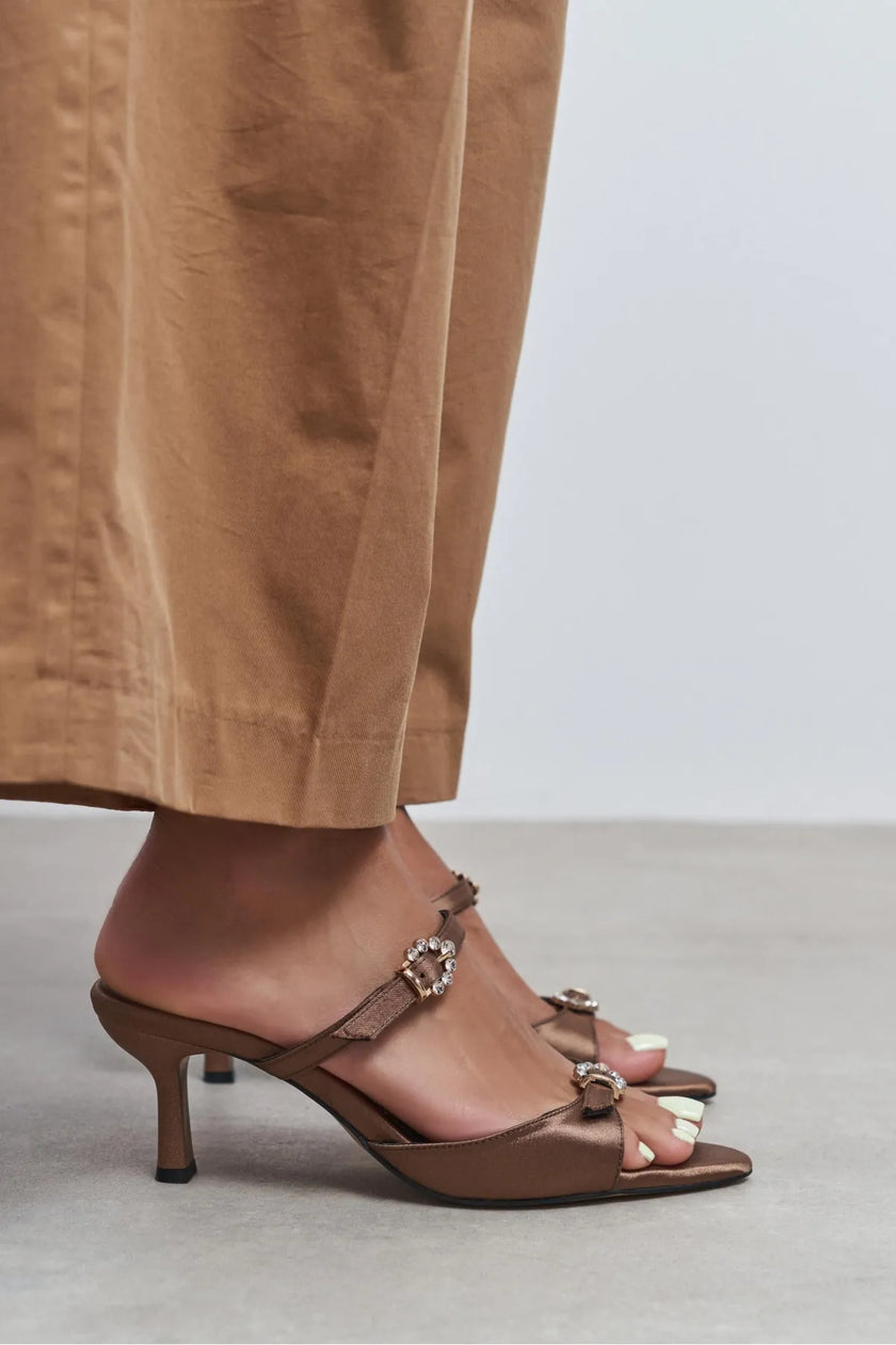 CALISTA Brown Satin Buckle-Detail Pointed-Toe Women's Mule Heels