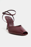 KAHLA Burgundy Patent Leather Ankle Strap Open Toe Women’s Heel Shoes