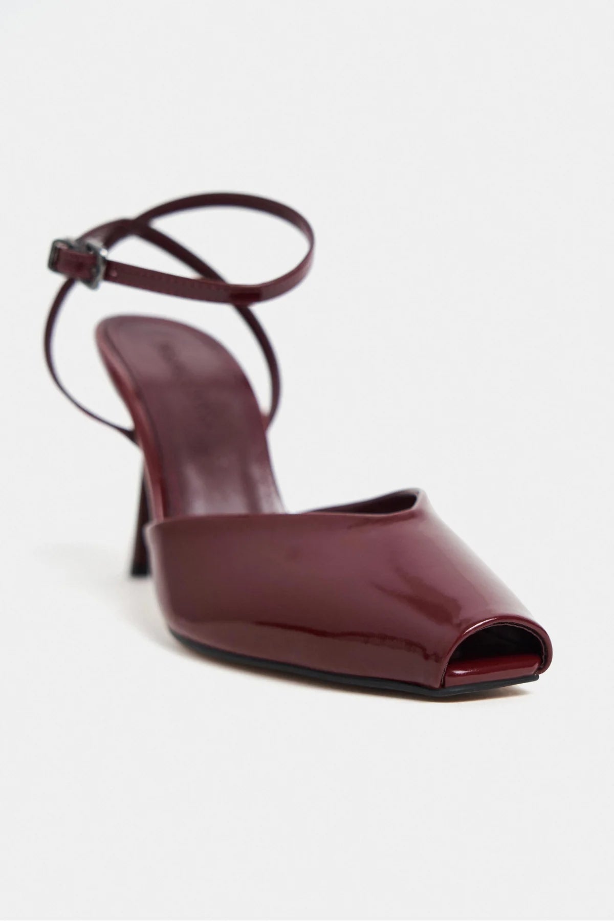 KAHLA Burgundy Patent Leather Ankle Strap Open Toe Women’s Heel Shoes