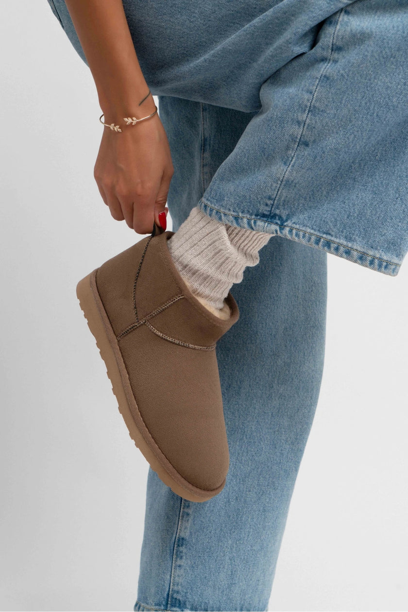 MINI DARK BEIGE SUEDE ANKLE BOOTS WITH FUR INTERIOR, FLAT SOLE, WOMEN'S SHOES
