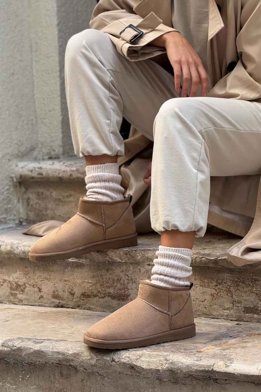 MINI DARK BEIGE SUEDE ANKLE BOOTS WITH FUR INTERIOR, FLAT SOLE, WOMEN'S SHOES