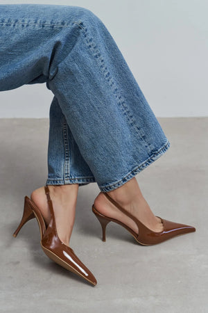 MEHRU Tan Patent Buckle Detail Pointed Toe Women’s Heels