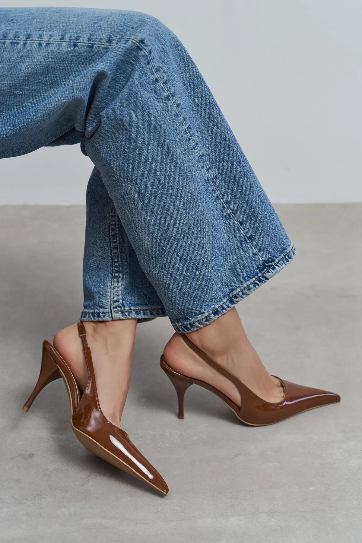 MEHRU Tan Patent Buckle Detail Pointed Toe Women’s Heels