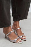 CALISTA Dark Beige Satin Buckle-Detail Pointed-Toe Women's Mule Heels