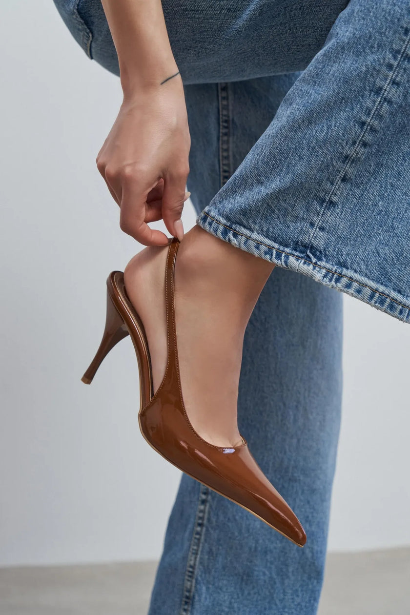 MEHRU Tan Patent Buckle Detail Pointed Toe Women’s Heels