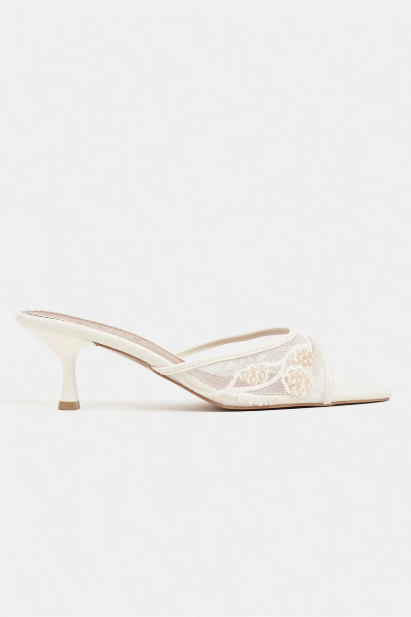 Anka Beige Beaded Mesh Pointed-Toe Women's Heeled Slippers