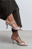 CALISTA Dark Beige Satin Buckle-Detail Pointed-Toe Women's Mule Heels