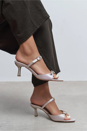 CALISTA Dark Beige Satin Buckle-Detail Pointed-Toe Women's Mule Heels
