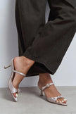 CALISTA Dark Beige Satin Buckle-Detail Pointed-Toe Women's Mule Heels