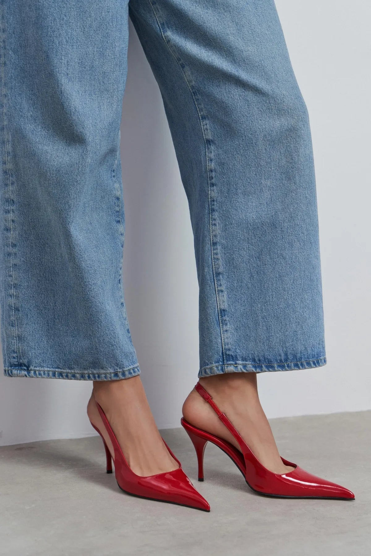 MEHRU Red Patent Buckle Detail Pointed Toe Women’s Heels