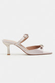 CALISTA Dark Beige Satin Buckle-Detail Pointed-Toe Women's Mule Heels