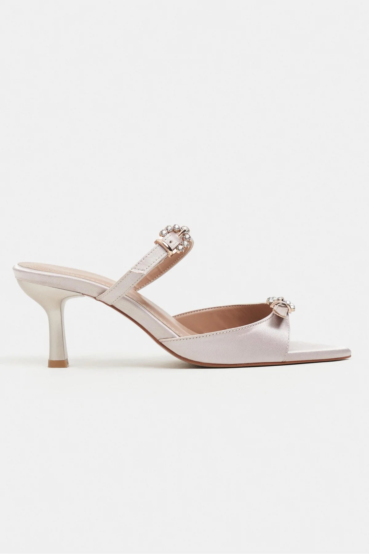 CALISTA Dark Beige Satin Buckle-Detail Pointed-Toe Women's Mule Heels