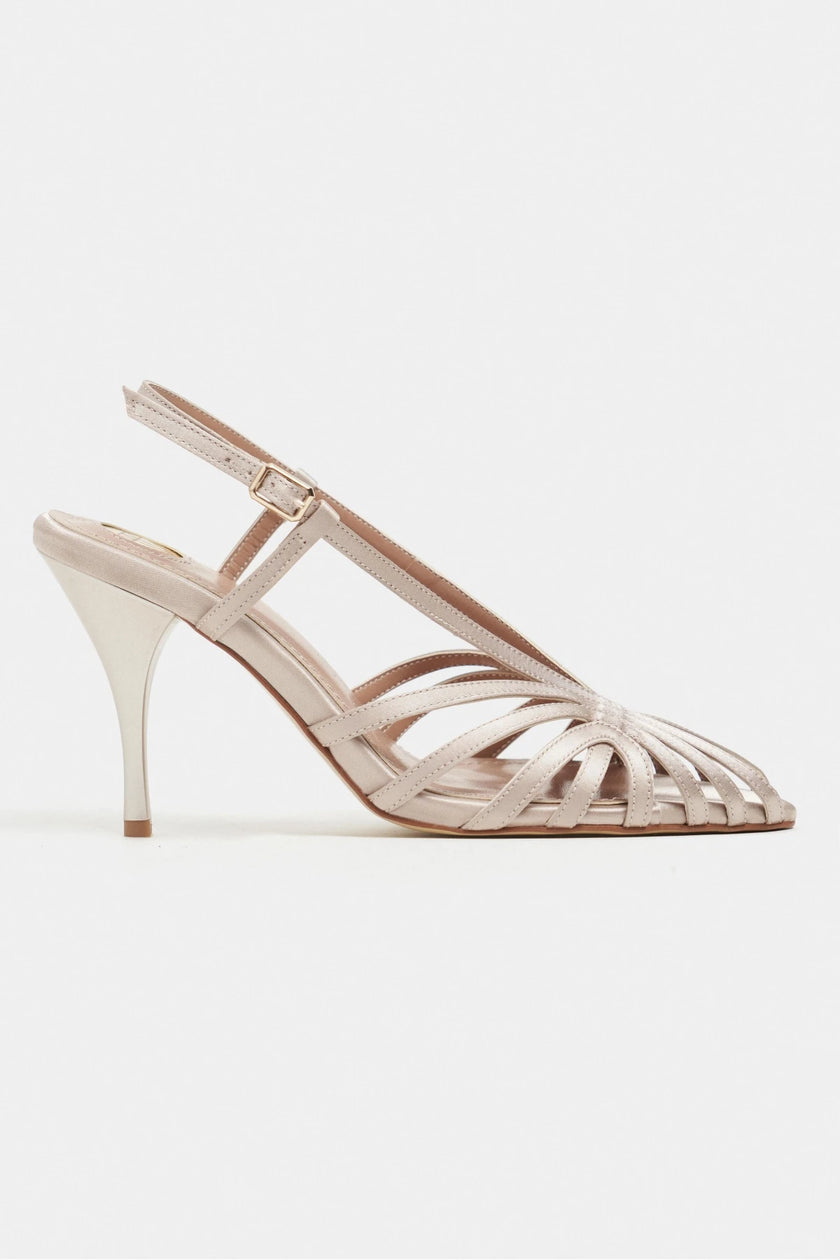 ERYU Dark Beige Satin Peep Toe Cage Detail Women’s Heeled Shoes