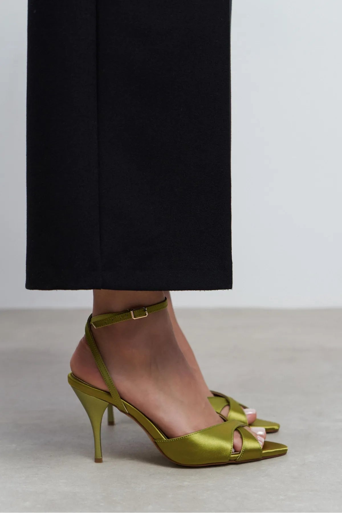 MONICA Green Satin Ankle-Strap Detail Women’s Slim High-Heel Shoes