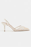 Shine Beige Beaded Mesh Pointed-Toe Women's Heeled Shoes
