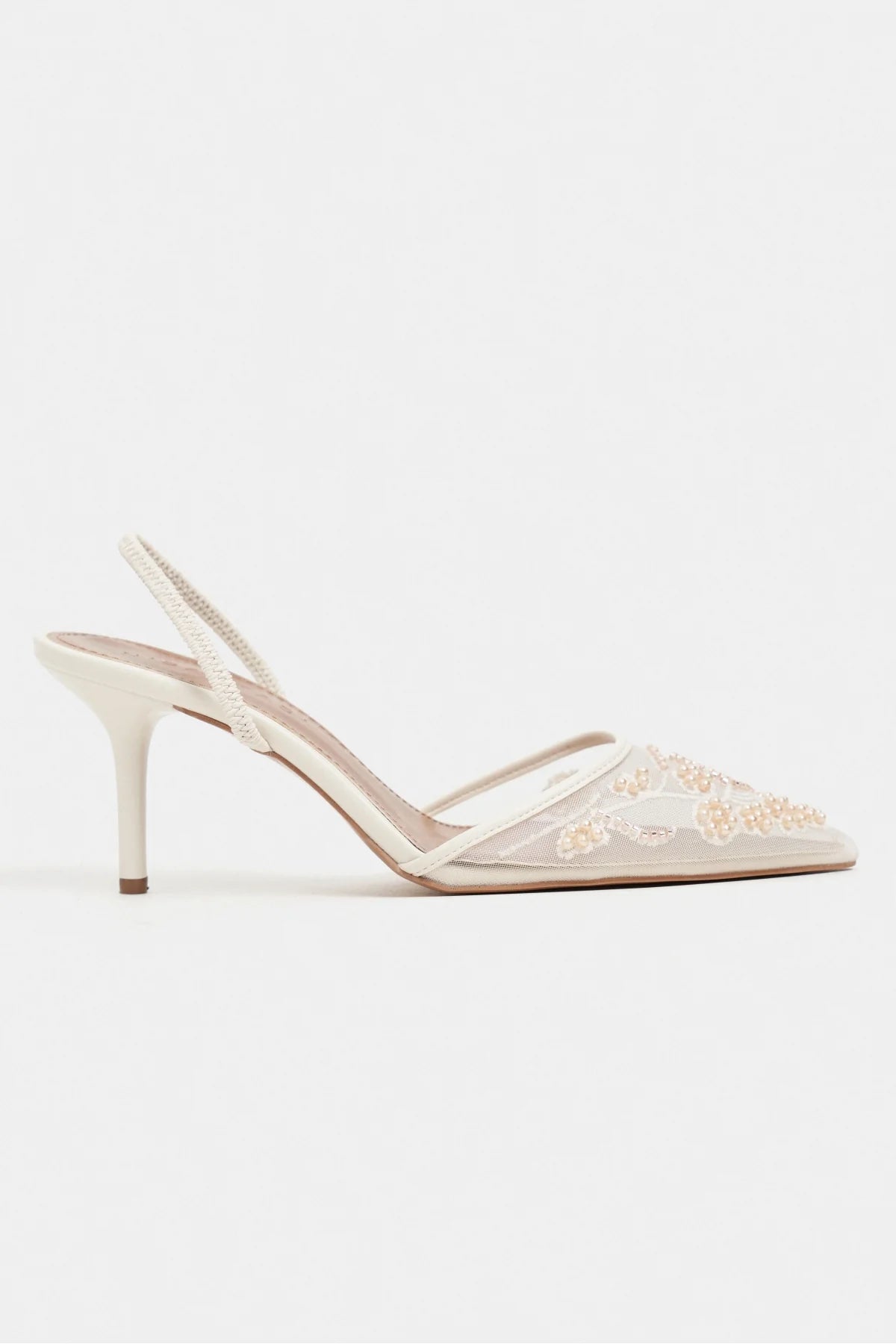 Shine Beige Beaded Mesh Pointed-Toe Women's Heeled Shoes