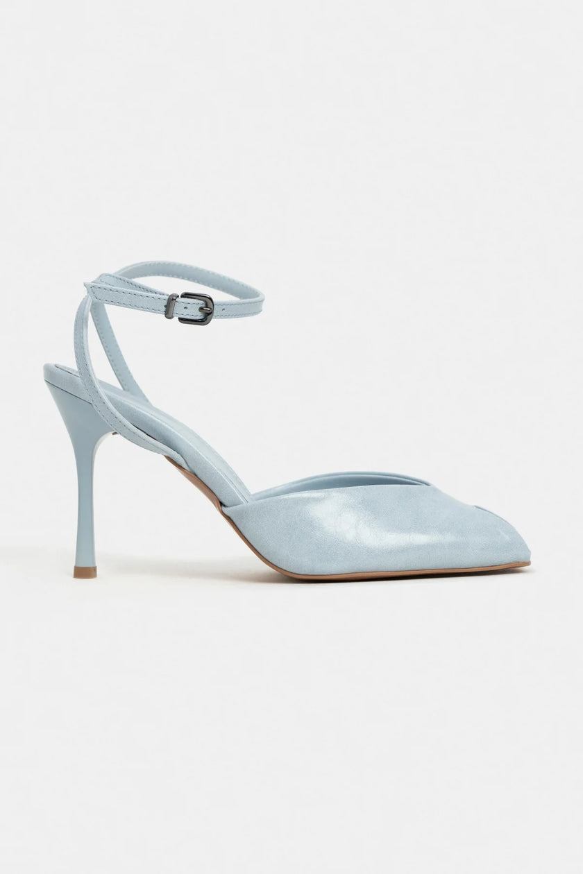 VELA Baby Blue Rustic Ankle Strap Open Toe Women’s Heels