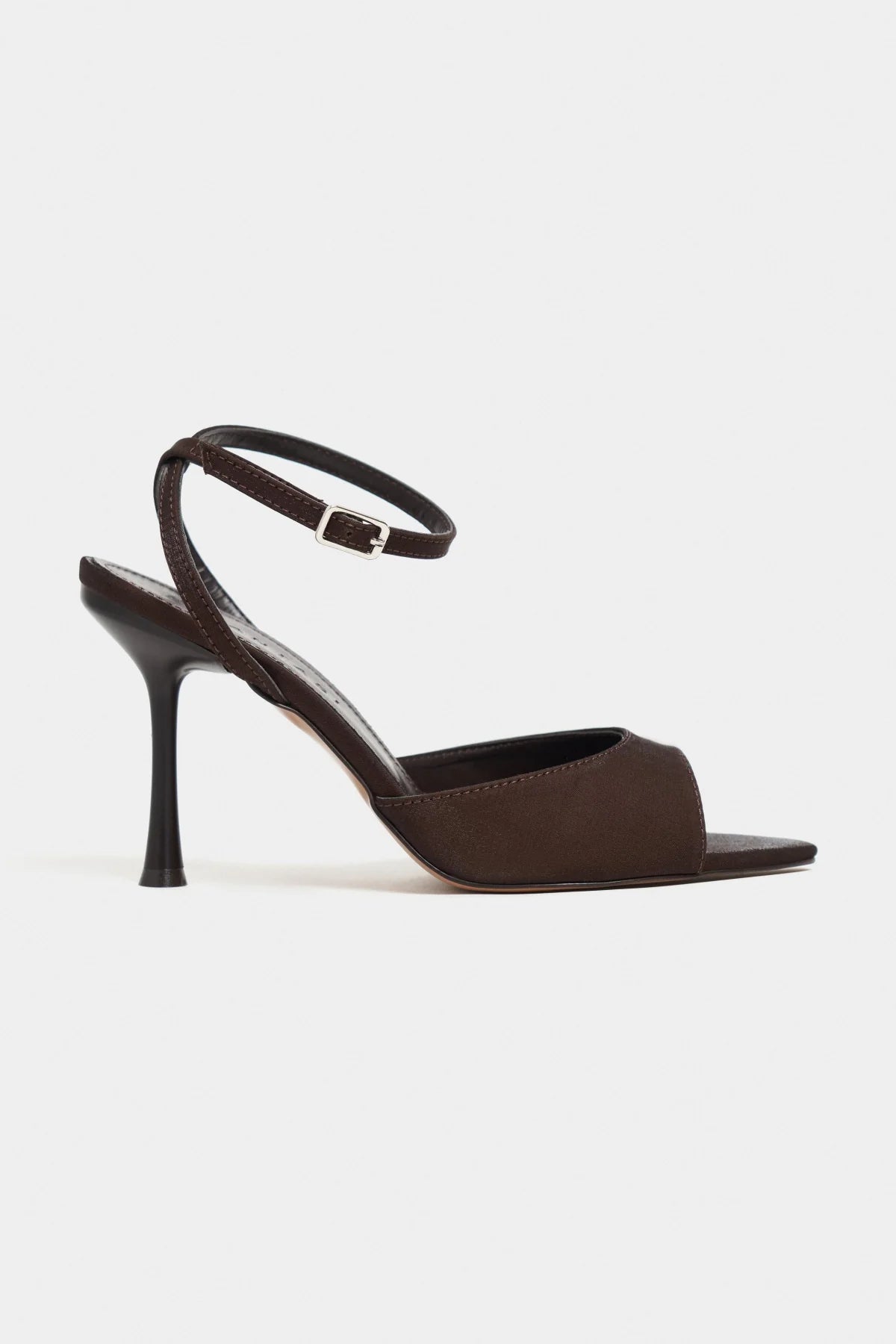 TANIA Brown Satin Ankle-Strap Stiletto Heels