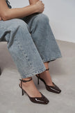 KAHLA Coffee Patent Leather Ankle Strap Open Toe Women’s Heel Shoes