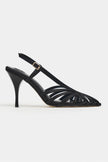 ERYU Black Satin Peep Toe Cage Detail Women’s Heeled Shoes