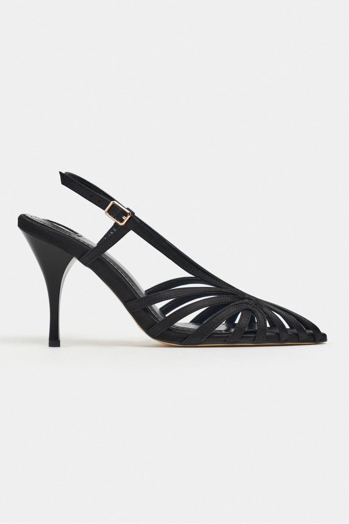 ERYU Black Satin Peep Toe Cage Detail Women’s Heeled Shoes