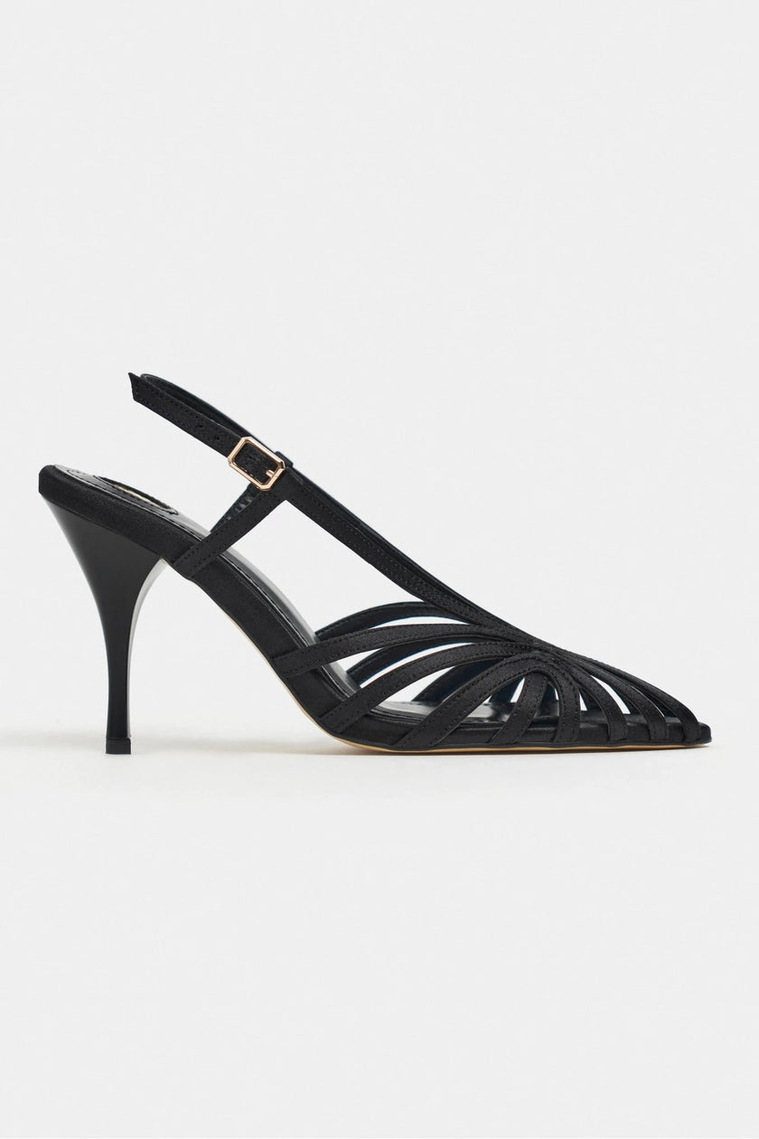 ERYU Black Satin Peep Toe Cage Detail Women’s Heeled Shoes
