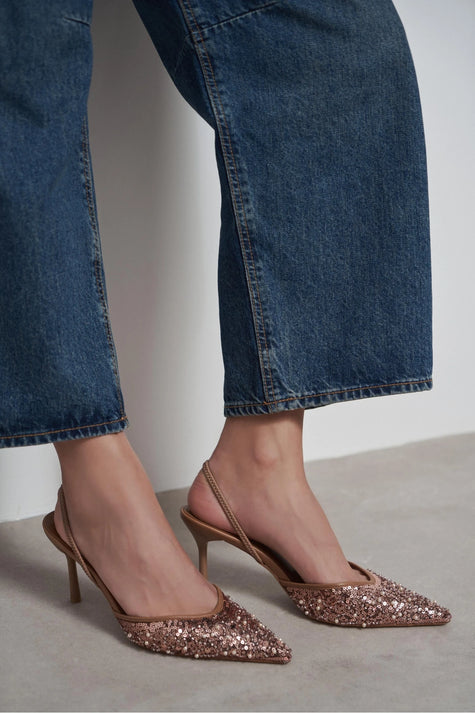 SARA Nude Mesh Beaded Detail Pointed Toe Women’s Heel Shoes