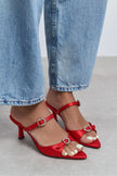 CALISTA Red Satin Buckle Detail Pointed-Toe Women's Mule Heels