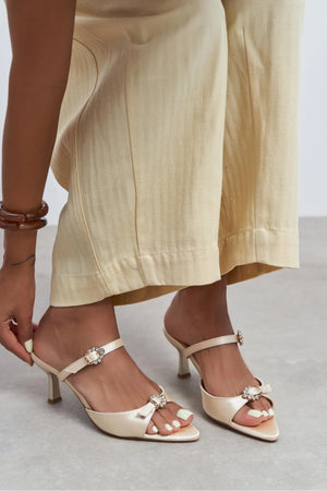 CALISTA Beige Satin Buckle-Detail Pointed-Toe Women's Mule Heels