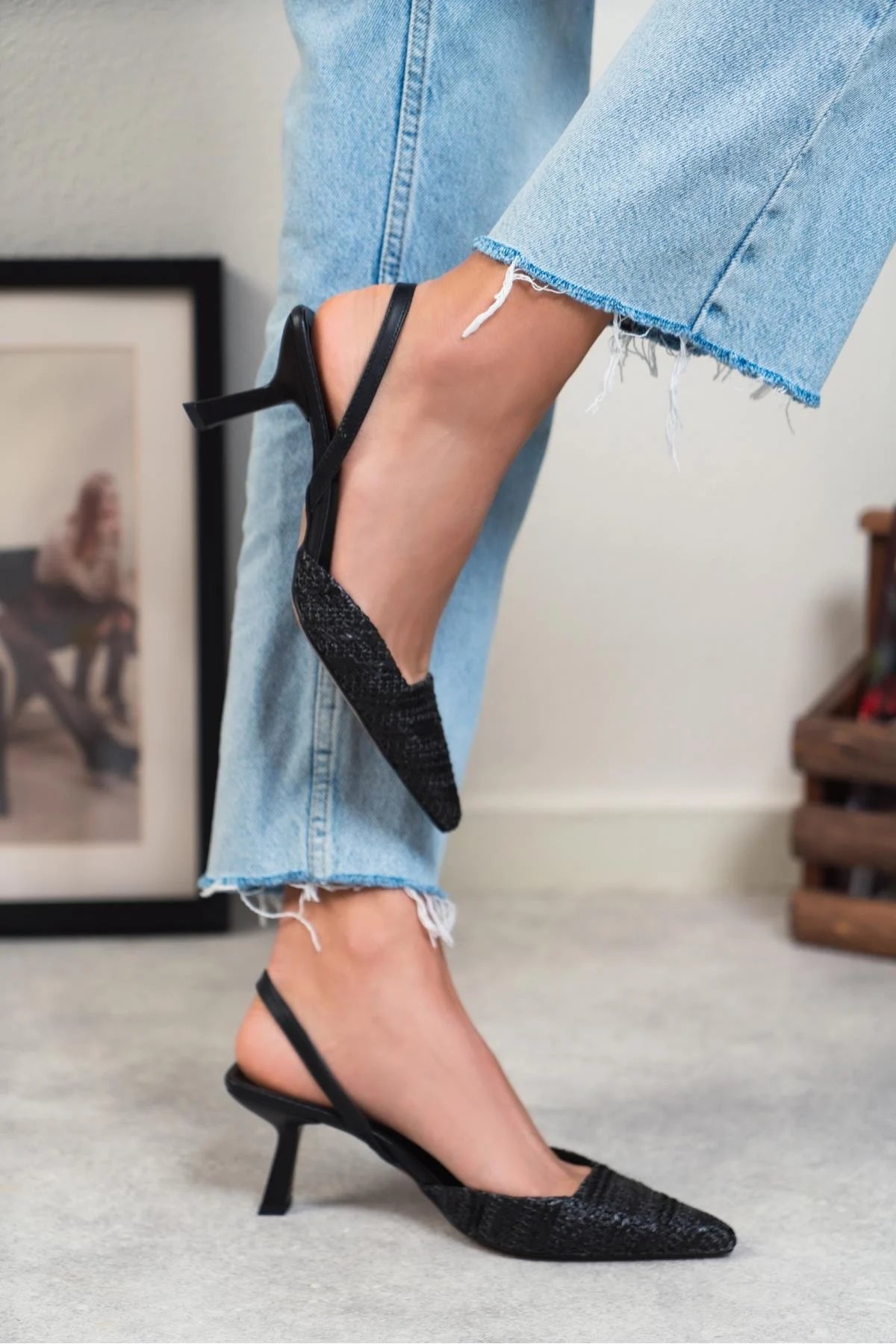 Ponnie Black Straw Pointed Toe Women's High Heel Shoes